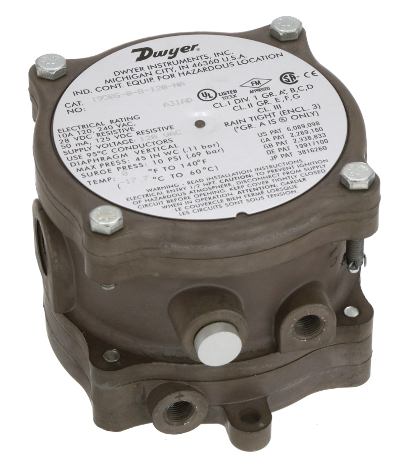 Dwyer Instruments 1950G-0-B-120-NA | Differential Pressure Switch | Explosion Proof | .15-.50in w.c. | 1950G Series