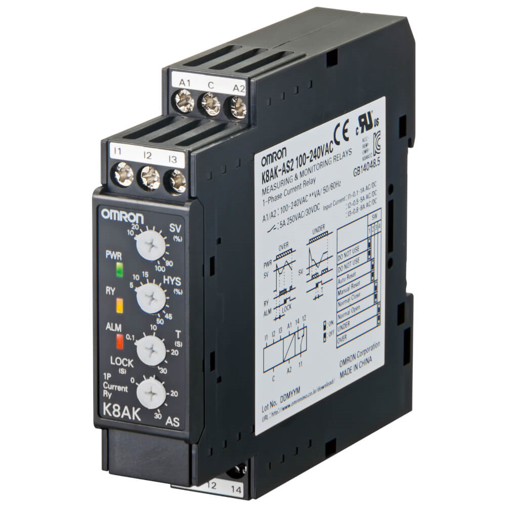 OMRON K8AK-AW1 100-240VAC | Monitoring relay 22.5mm wide, Single phase over or under current 2 to 500mA AC or DC, Two SPDT, 100-240 VAC