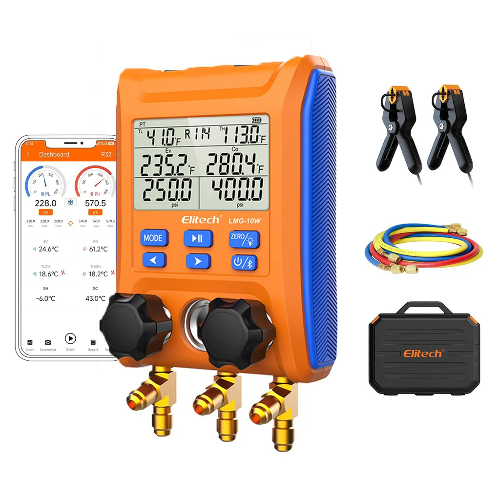 Elitech LMG-10W | Digital Manifold Gauge 2-Way Valve | AC Gauges App Control | With Thermometer Clamps For HVAC Systems