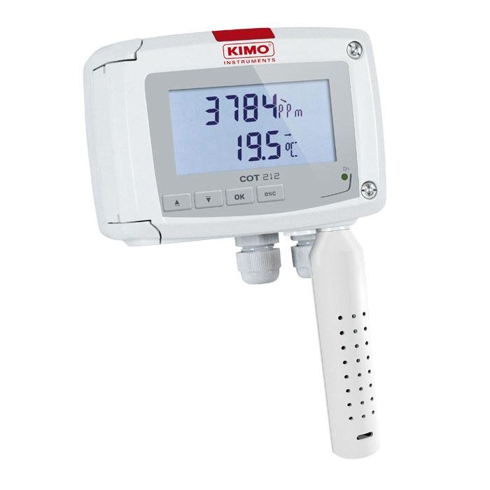 CO2 and temperature transmitter, Kimo’s COT 212-R measures CO2 from 0 to 5000 ppm and temperature from 0 to 50°C.