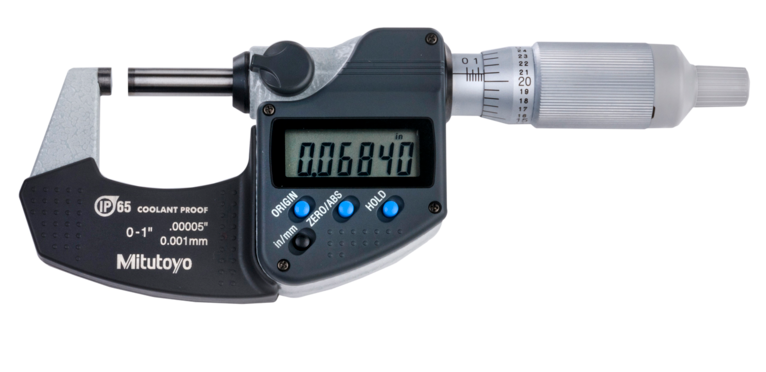 Mitutoyo 293-344-30 | Digital Micrometer IP65 | Inch/Metric Range 0 - 1" (0 - 25.4 mm) | w/o Output, Ratchet Thimble