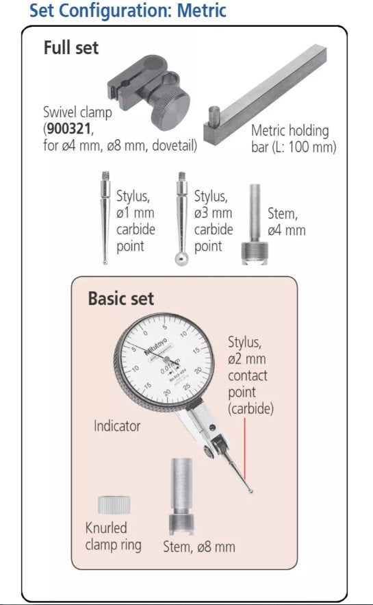 Mitutoyo 513-464E | Dial Test Indicator | Horizontal | Compact | Series 513 | Stem 8 mm | Graduation 0.01 mm | Range 0.8 mm