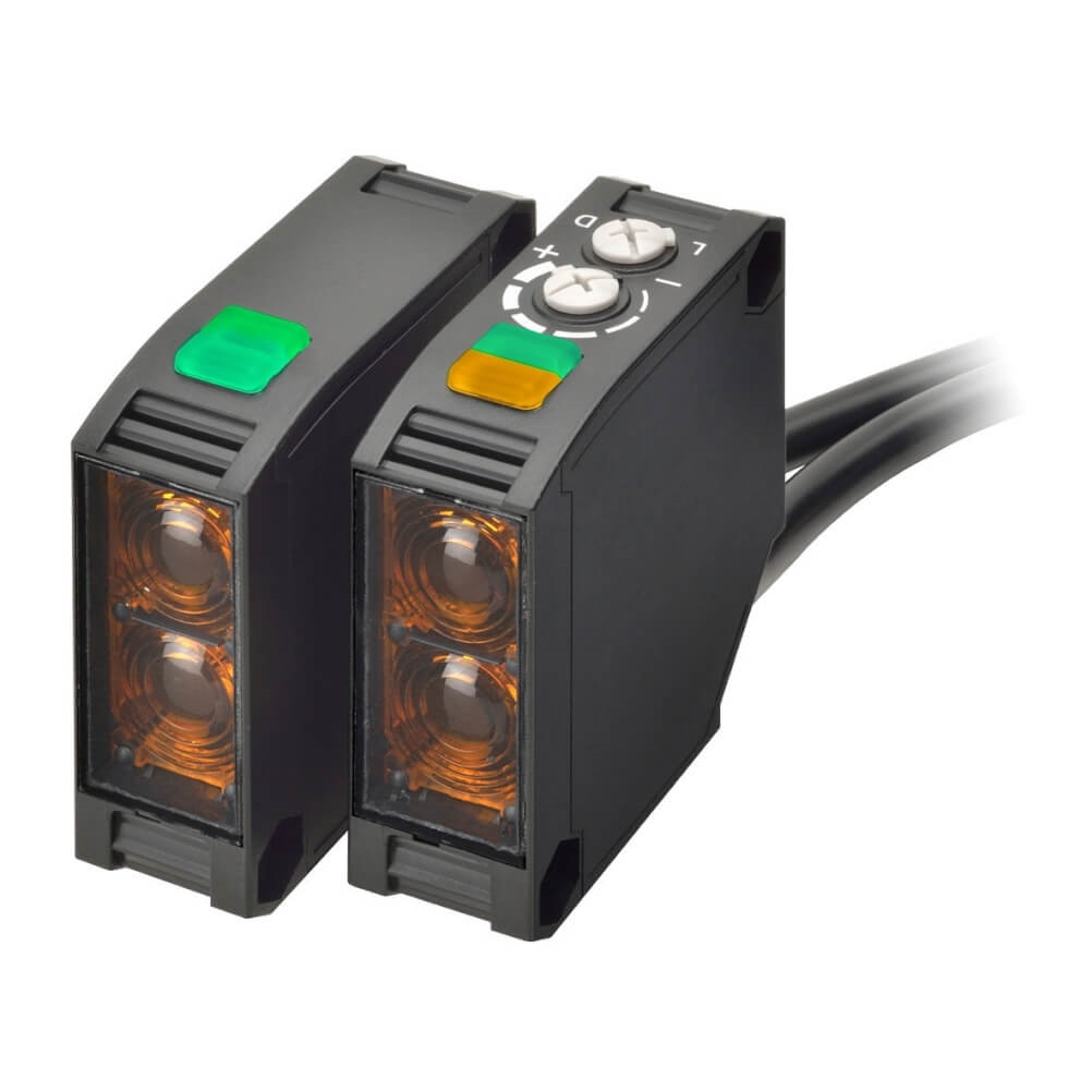 OMRON E3JK-TR11 2M | Photoelectric sensor, square body, red LED, through-beam, 40m, AC/DC, relay, L-ON/D-ON selectable, 2m cable