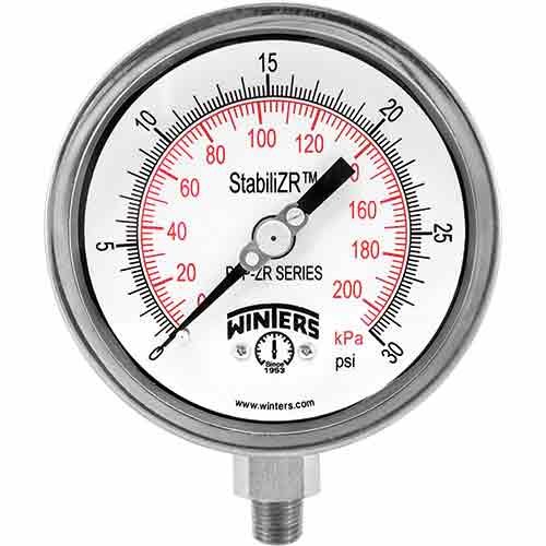 Winters PFP821ZRR1R11-C | Premium Stainless Steel StabiliZR Gauge | 0-15 psi/1 bar | 2-1/2" Dial Display | +/-1.5% Accuracy | 1/4" NPT Bottom Mount