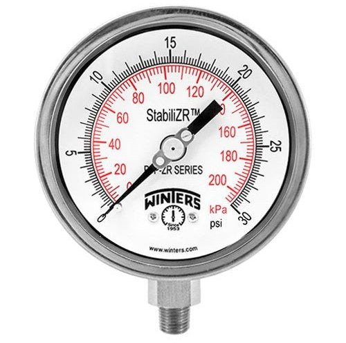 Winters PFQ1246ZRR1R11 | Premium Stainless Steel StabiliZR Gauge | 0-160 psi / 0-11 bar | 4” (100mm) Dial Display | ±1.5% Accuracy | 1/2” Bottom