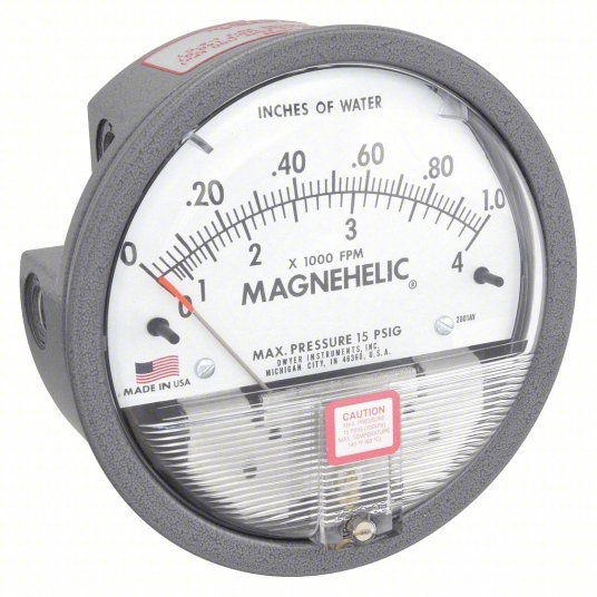 DWYER Differential Pressure Gauge | Range 0 to 1 in wc | 1/8 in NPT Female | Dual Single-Side or Back | With Air Velocity