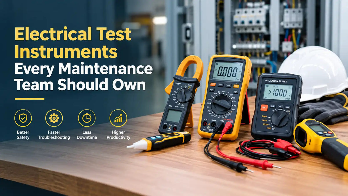 Electrical test instruments including digital multimeters, clamp meters, an insulation tester, voltage tester, and infrared thermometer arranged on a workbench in an industrial maintenance setting.