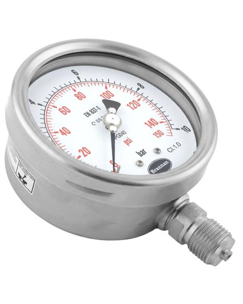 Brannan 35/437/1 | Premium Stainless Steel Pressure Gauge | 115 mm, 0 to 300 psi, dry, 1/2 in BSP bottom - generaltechuae