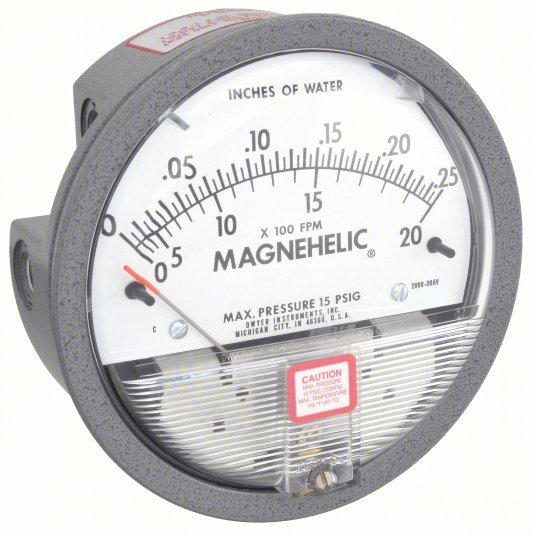 DWYER Differential Pressure Gauge | 0 to 0.25 in wc | 1/8 in NPT Female | Dual Single-Side or Back | With Air velocity