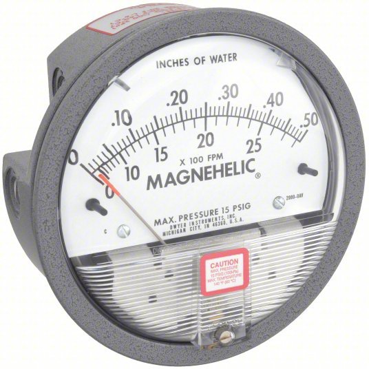 DWYER Differential Pressure Gauge | Range 0 to 0.5 in wc | 1/8 in NPT Female | Dual Single-Side or Back | With Air Velocity