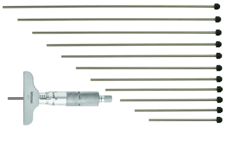 Mitutoyo 129-149 Depth Micrometer, Interchangeable Rods 0-12", 2.5" Base