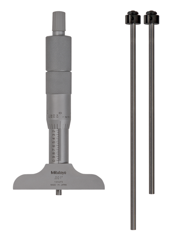 Mitutoyo 129-126 Depth Micrometer, Interchangeable Rods 0-3", 2,5" Base