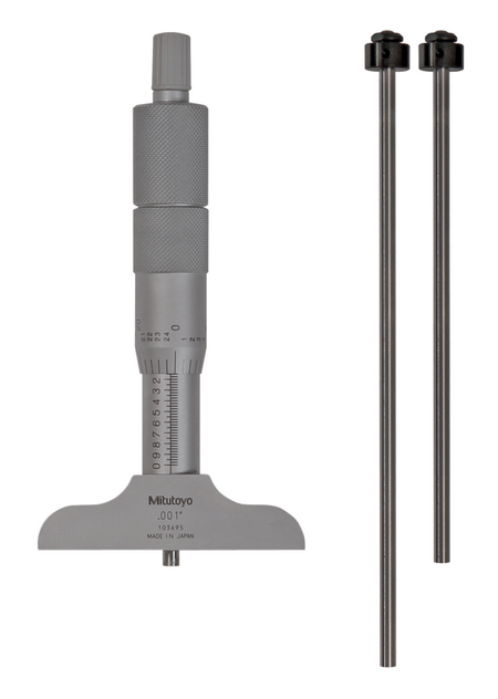 Mitutoyo 129-126 Depth Micrometer, Interchangeable Rods 0-3", 2,5" Base