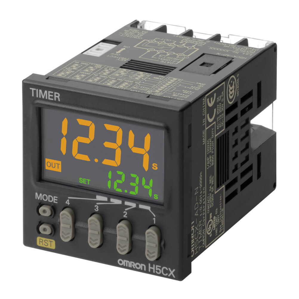 OMRON H5CX-A-N | Timer, DIN 48x48 mm, IP66, 4 preset & 4 actual time digits, multi range 0.01 s to 9999 h (10 ranges), multifunction, NPN/PNP/No voltage input selectable