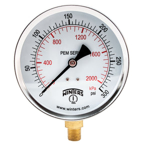 Winters PEP251R11R1EN | Economy Pressure Gauge | 0-200 psi / 0-14 bar |  4” (100mm) Dial Display | 1.6% or 2.5% accuracy | 1/2” Bottom NPT