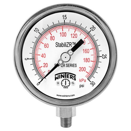 Winters  PFQ720ZRR1R11 |  Premium Stainless Steel StabiliZR Gauge | 0-3000 psi / 0-200 bar | 4” (100mm) Dial Display | ±1.5% Accuracy | 1/2” Bottom