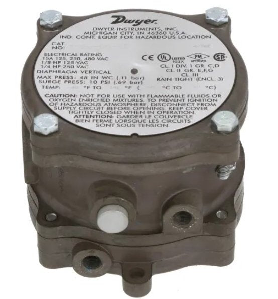 Dwyer Instruments 1950-00-2F | Differential Pressure Switch | Explosion Proof | 0 .07-.15in w.c. | 1950 Series