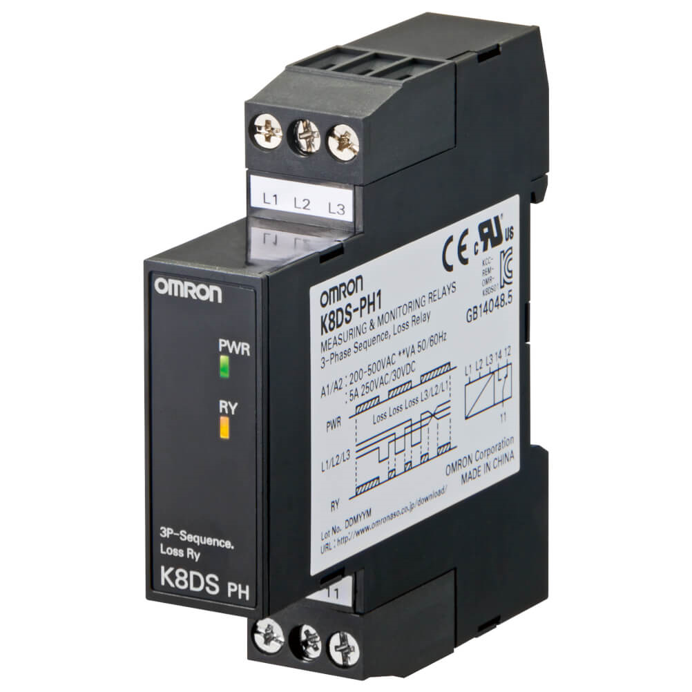 OMRON K8DS-PH1 | Monitoring relay 17.5mm wide, simultanious monitoring of phase sequence and loss in 3phase 3wire systems, One SPDT