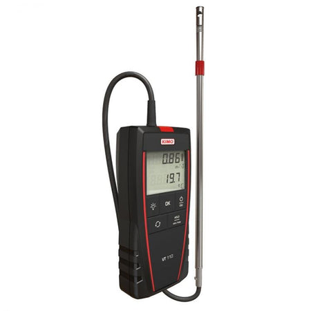 Hotwire thermo-anemometer, air velocity: 0.15 to 30 m/s, temperature: 0 to +50°C, and airflow: 0 to 99,999 m3/h