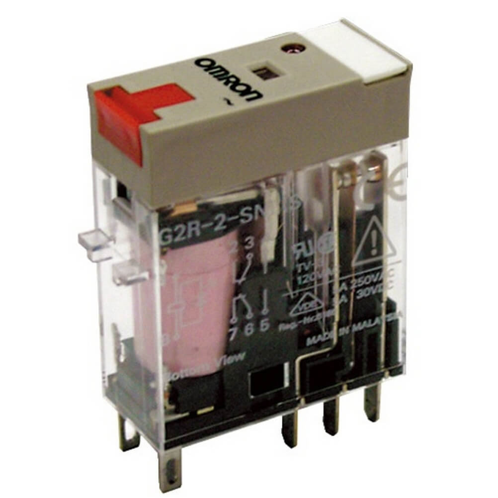 OMRON G2R-2-SNI 110VAC (S) | Relay, plug-in, 8-pin, DPDT, 5 A, mech & LED indicators, lockable test button, label facility