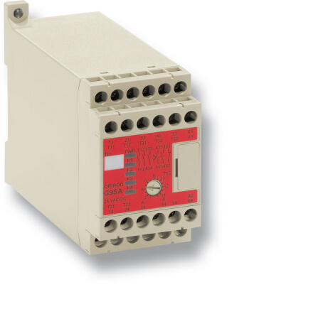 OMRON G9SA-321-T30 AC/DC24 | Safety relay unit, 3PST-NO (Category 4), 5 A, SPST-NC aux, DPST-NO 2 to 30sec 'OFF-delay' category 3 outputs, 1 or 2 channel input