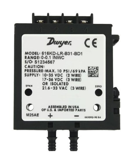Dwyer Instruments 616KD-LR-B35-BD1 | Differential Pressure Transmitter | Low Range;0.5in wc;1.0 pct acc;Barb Conn;4-20 mA;0-10V out