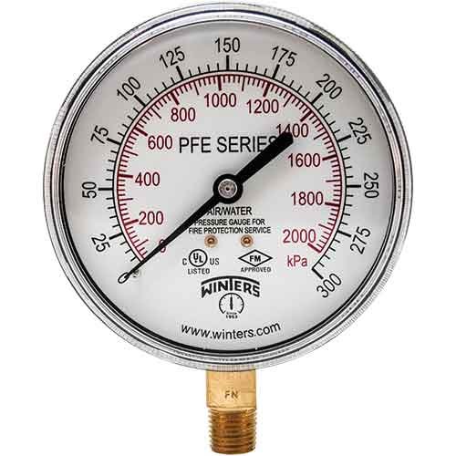 Winters PFE3935R1R11 | Sprinkler Gauge 0/300 psi/bar |  3.5” (90mm) Dial | ±3-2-3% Accuracy | 1/4” NPT standard | bottom