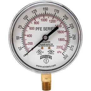 Winters PFE3935R1R11 | Sprinkler Gauge 0/300 psi/bar |  3.5” (90mm) Dial | ±3-2-3% Accuracy | 1/4” NPT standard | bottom