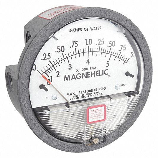 DWYER Differential Pressure Gauge | Range 0 to 2 in wc | 1/8 in NPT Female | Dual Single-Side or Back | With Air Velocity