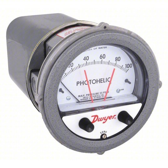DWYER Differential Pressure Gauge & Switch | 0 to 100 in wc | 1/8 in NPT Female | Single-Side, DPDT,