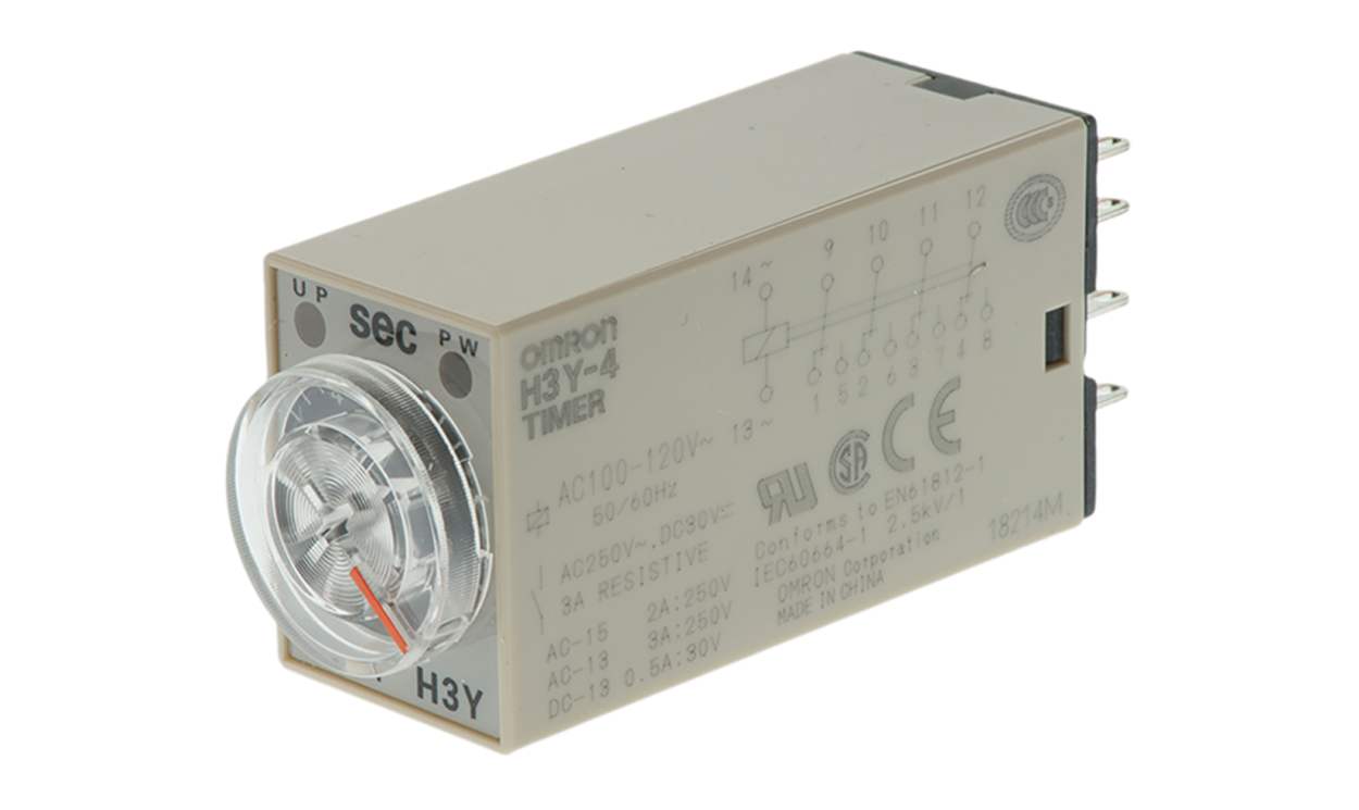 Omron H3Y-4 100-120VAC 10S, H3Y-4 Series DIN Rail, Surface Mount Timer Relay, 100 → 120V ac, 4-Contact, 0.5 → 10 s, 1-Function, - generaltechuae