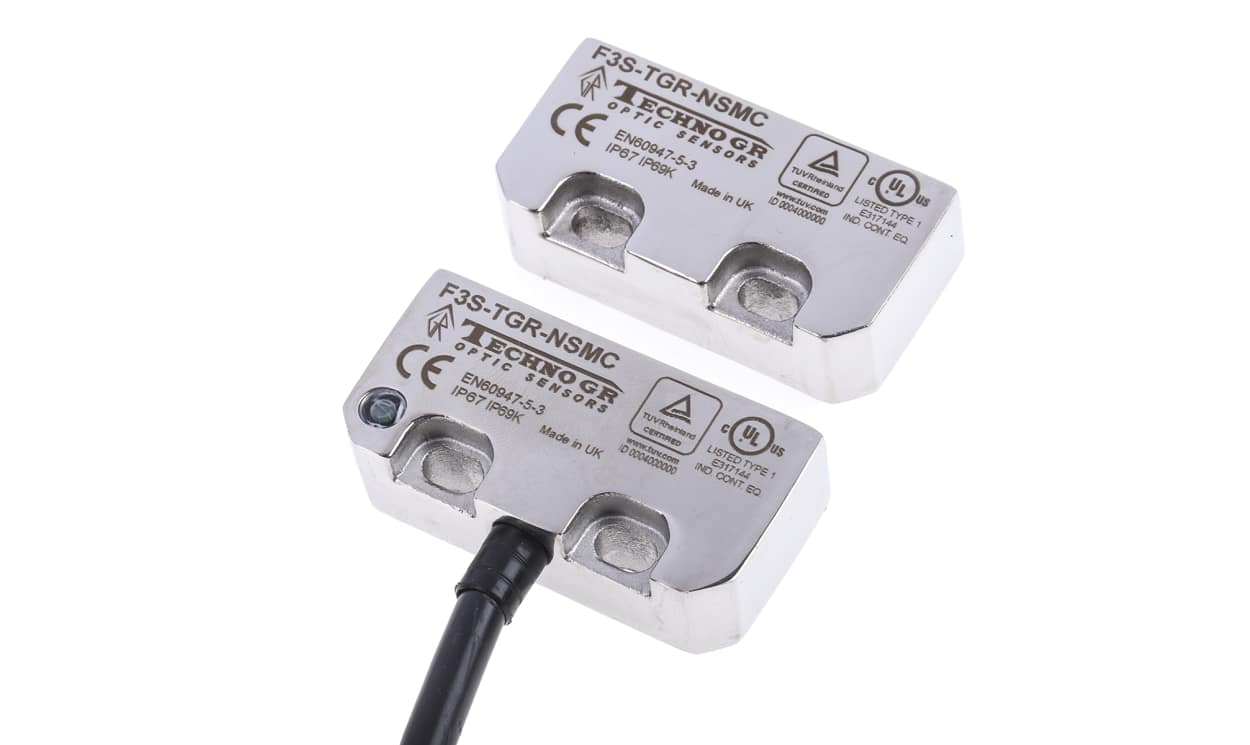 Omron F3S-TGR-NSMC-21-05, F3S-TGR-N_C Series Magnetic Non-Contact Safety Switch, 24V dc, Stainless Steel Housing, NO/2NC, 5m Cable
