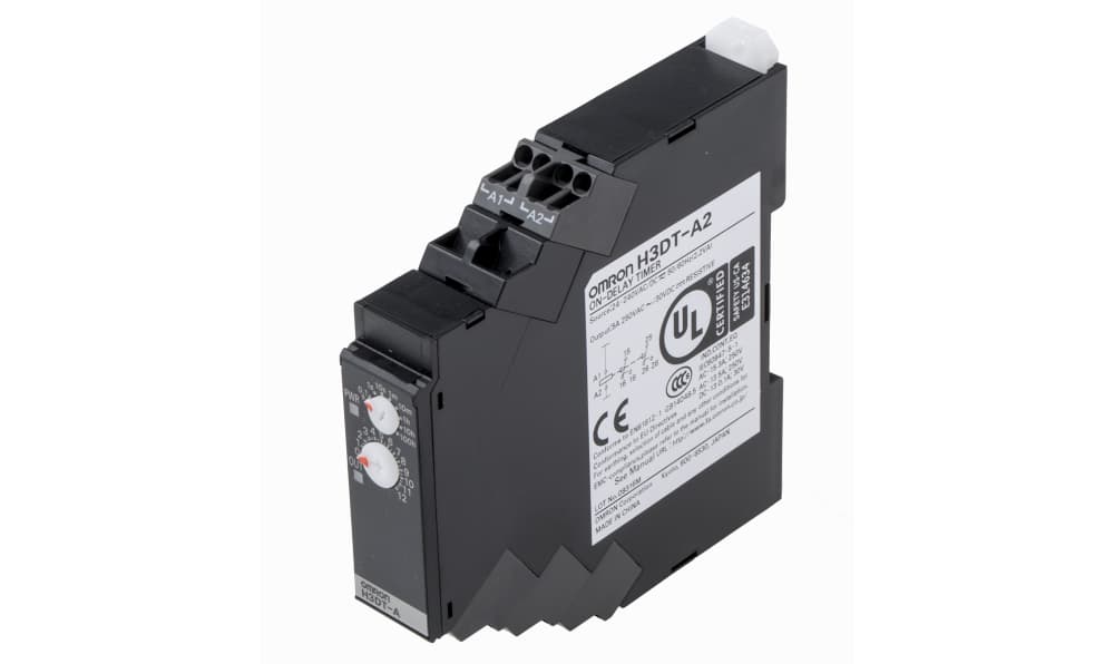 Omron H3DT-A2 24-240VAC/DC, H3DT Series DIN Rail Mount Timer Relay, 24 → 240V ac/dc, 4-Contact, 0.1 s → 1200 h, 1-Function, DPDT