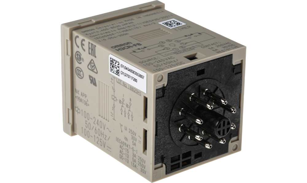 Omron H3CR-F8 100-240VAC/100-125VDC, H3CR Series DIN Rail, Panel Mount Timer Relay, 100 → 240V ac, 2-Contact, 0.05 s → 300 h,