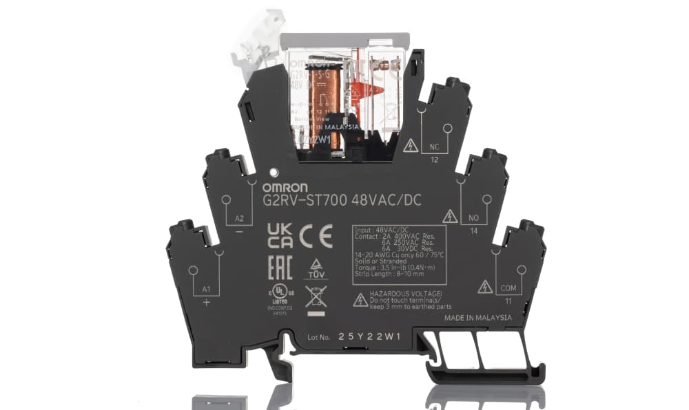 Omron G2RV-ST700 48VAC/DC, G2RV-ST Series Electromechanical Interface Relay, DIN Rail Mount, 48V ac/dc Coil, SPDT, 1-Pole, 6A Load