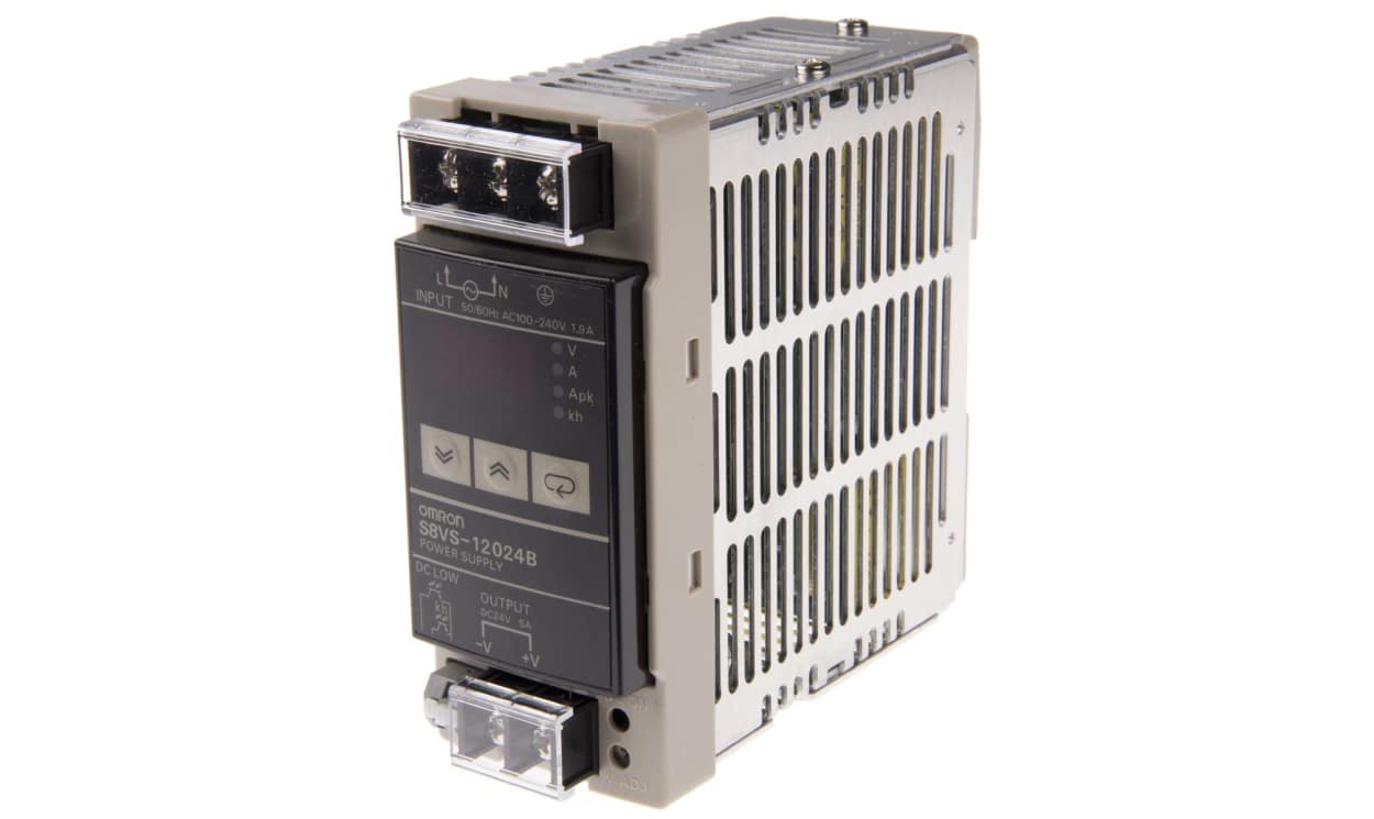 Omron S8VS-12024B, S8VS Switched Mode DIN Rail Power Supply, 85 → 264V ac ac Input, 24V dc dc Output, 5A Output, 120W