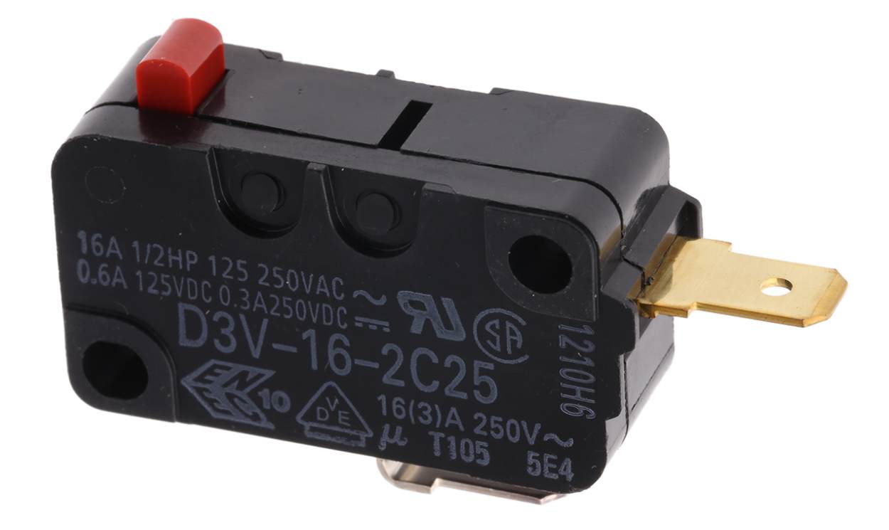 Omron D3V-16-2C25, Pin Plunger Micro Switch, Tab Terminal, 16 A @ 250 V ac, SPST, IP40