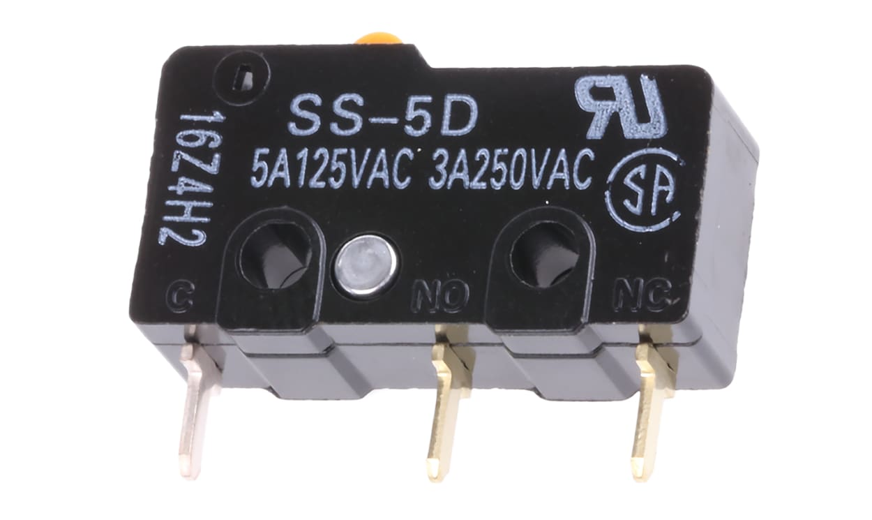 Omron SS-5D, Pin Plunger Micro Switch, Through Hole Terminal, 5 A @ 125 V ac, SPDT, IP40