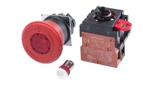 Omron A22EL-M-24A-01, A22E Series Twist Release Illuminated Emergency Stop Push Button, Panel Mount, 22mm Cutout, 1NC, IP65