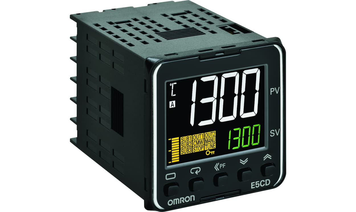 Omron E5CD-RX2A6M-002, E5CD Panel Mount PID Temperature Controller, 48 x 48mm 2 Input, 1 Output Relay, 100 → 240 V ac Supply Voltage