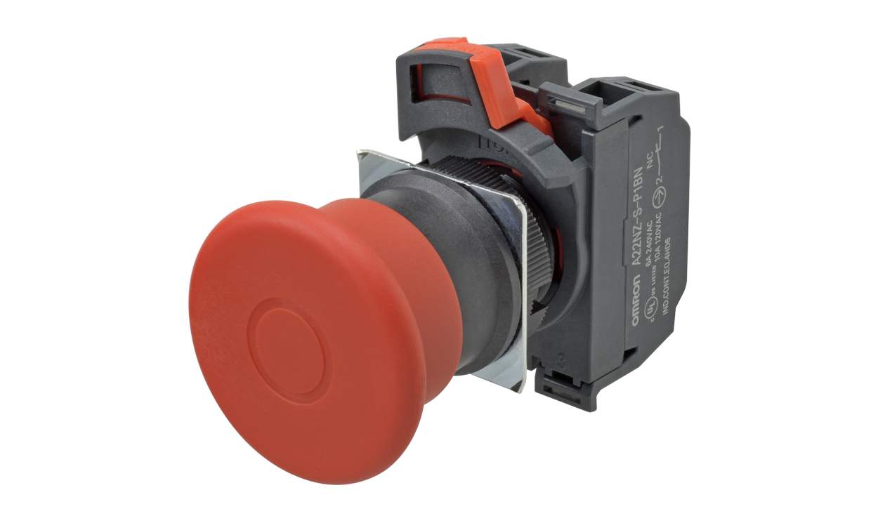 Omron A22NE-MP-P202-N, A22NE-P Series Pull Release Emergency Stop Push Button, Panel Mount, 22mm Cutout, 2NC, IP65