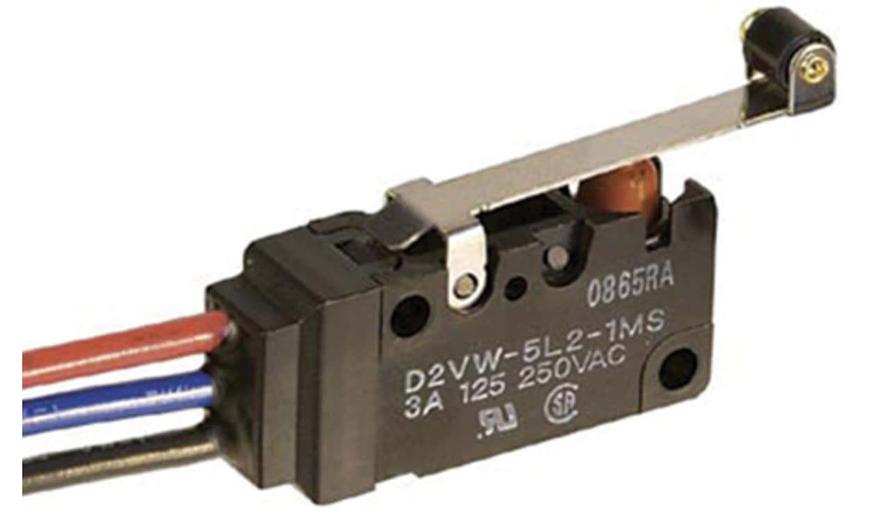 Omron D2VW-5L2A-1MS, Short Hinge Lever Micro Switch, Wire Lead Terminal, 5 A @ 250 V ac, SP-CO, IP67