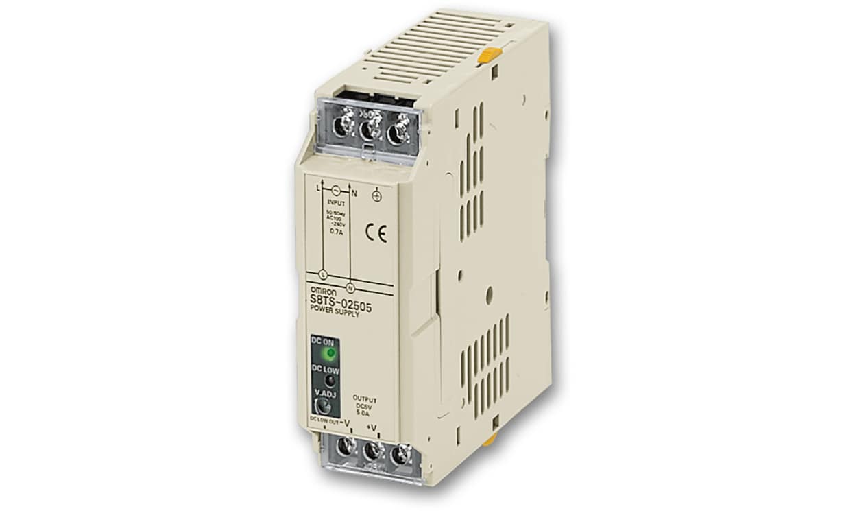 Omron S8TS-02505F, S8TS Switched Mode DIN Rail Power Supply, 85 → 264V ac ac Input, 5V dc dc Output, 5A Output, 25W