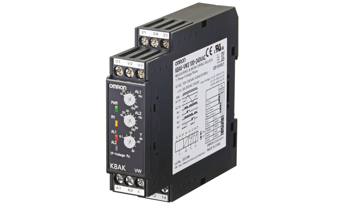 Omron K8AK-VW3 100-240VAC, Voltage Monitoring Relay, 1 Phase, 2 x SPDT, 20 → 200V ac/dc, DIN Rail - generaltechuae