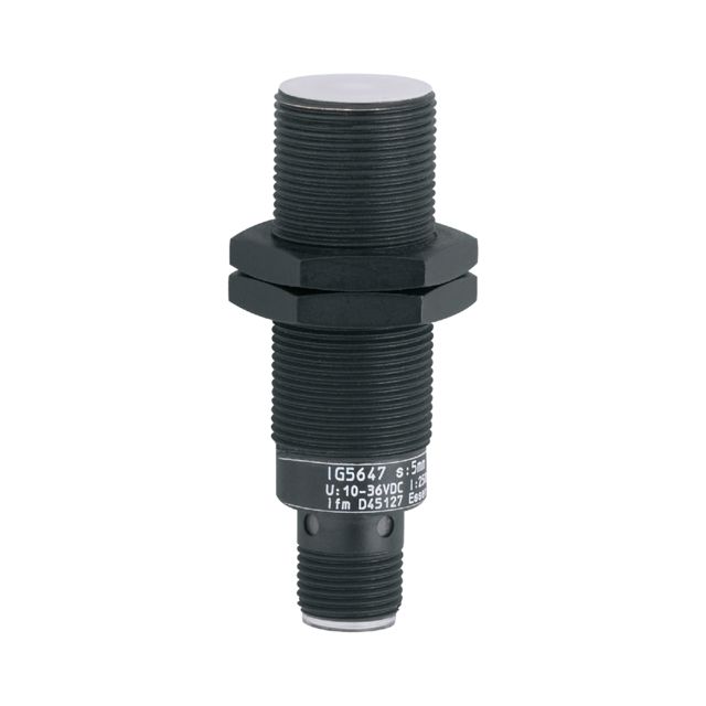 ifm IG5647, Inductive Threaded Barrel Proximity Sensor, M18, 5 mm Detection, PNP NO, 10 → 36 V dc