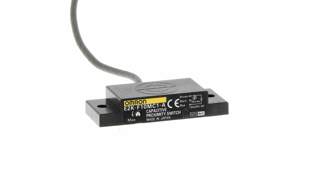 Omron E2K-F10MC1-A 2M, Capacitive Flat Proximity Sensor, 10 mm Detection, NPN NO, 12 → 24 V dc