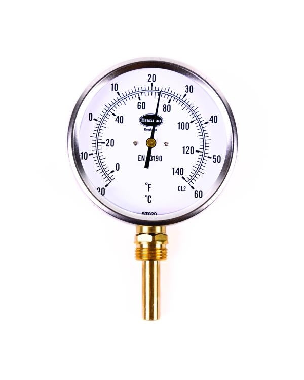 Brannan 32/641/9 | Commercial Bimetal Dial Thermometer | 100 mm, 0 to +120 °C/°F, bottom, 100 mm pocket, pre-calibrated - generaltechuae