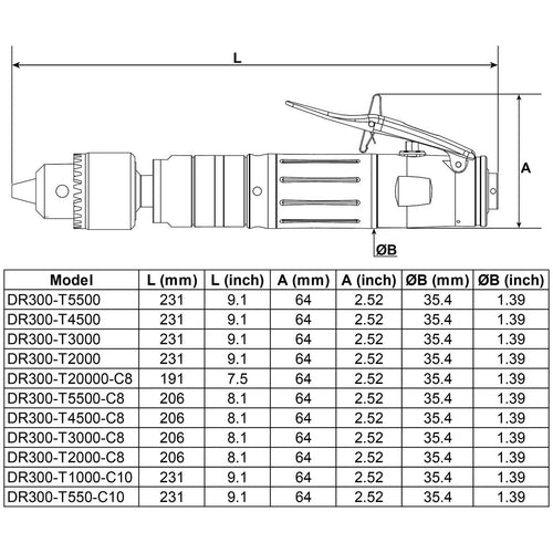 Desoutter DR300-T2000-C8 | Pneumatic Straight Drill with Keyed Chuck | 2000 rpm, 5.4 Nm, 8 mm Chuck