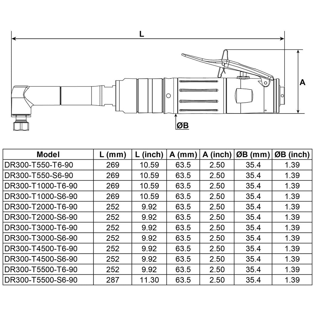 Desoutter DR300-T550-T6-90 | Pneumatic Angle Head Drill | 550 rpm, 18.6 Nm, 90° Standard Head