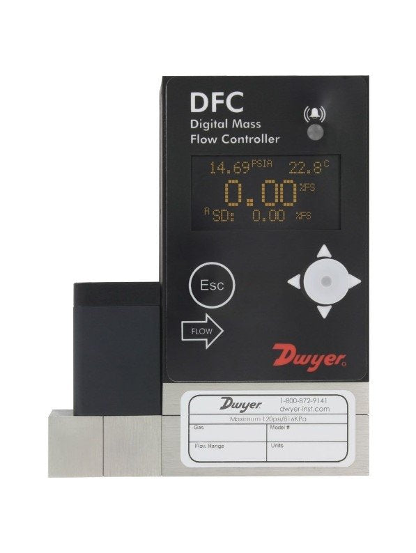 Dwyer Instruments DFC-37010-V-ALA2 | Digital flow controller | 0-1000 ml/min with LED display | 1/8" compression fittings | 0-5 VDC output | RS-232 digital interface | (RS-485)selectable